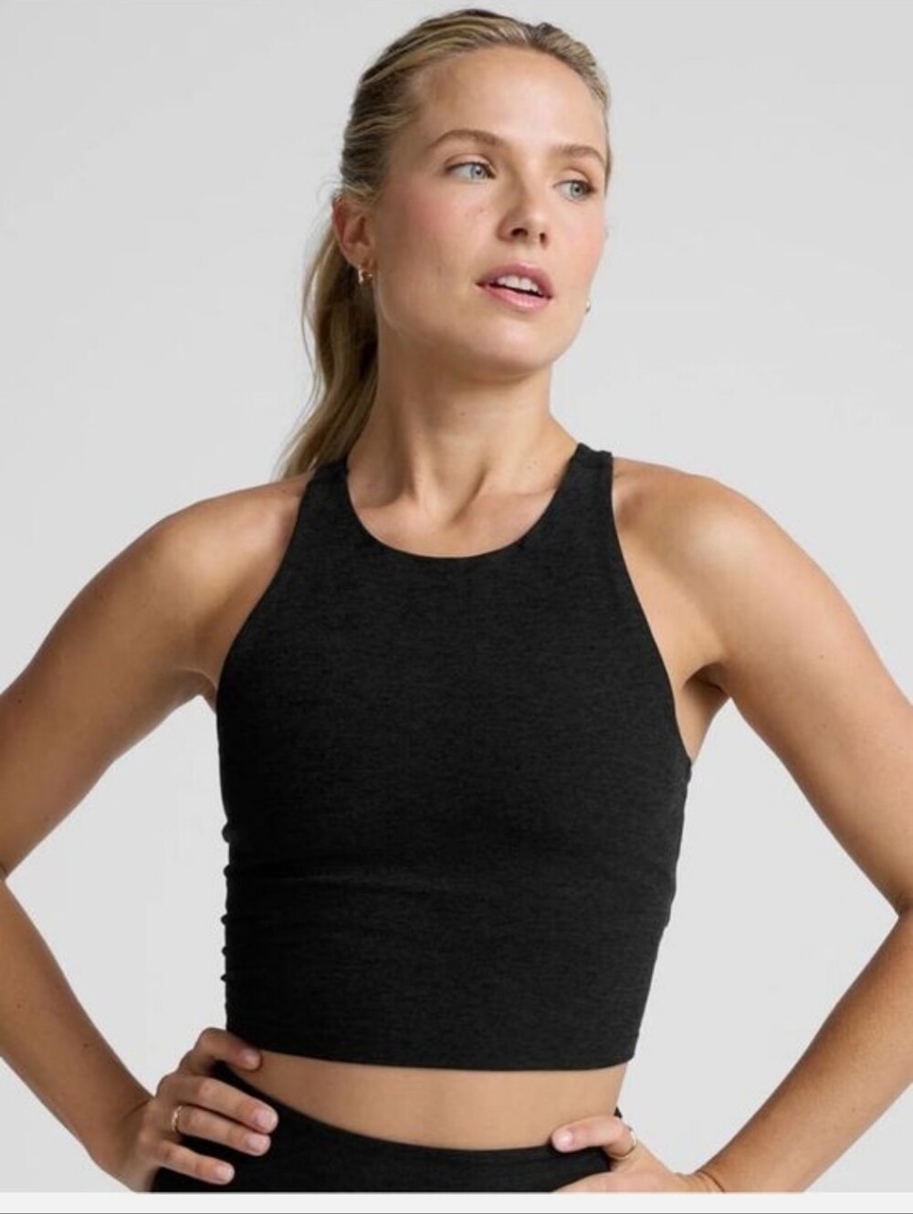 Beyond Yoga Spacedye Refocus Cropped Tank Heathered Black High Neck Shelf Bra M